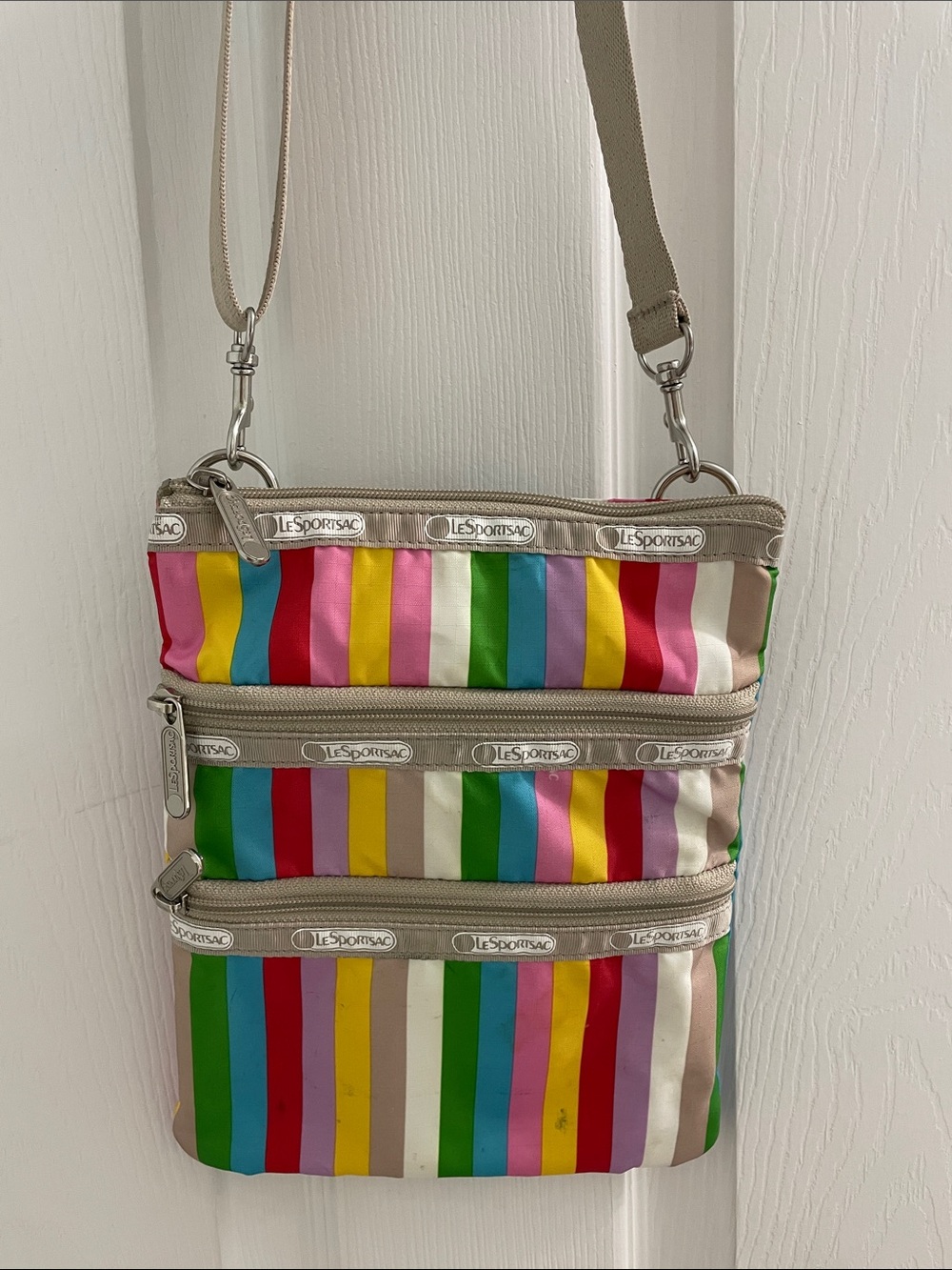 Lesportsac Multi-Stripe 3 zip Crossbody with Beige Trim